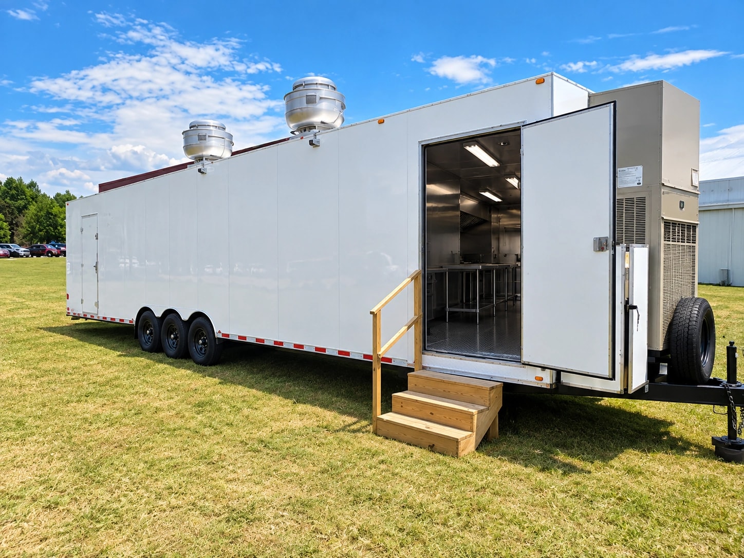 Mobile commercial kitchen trailer exterior entrance.