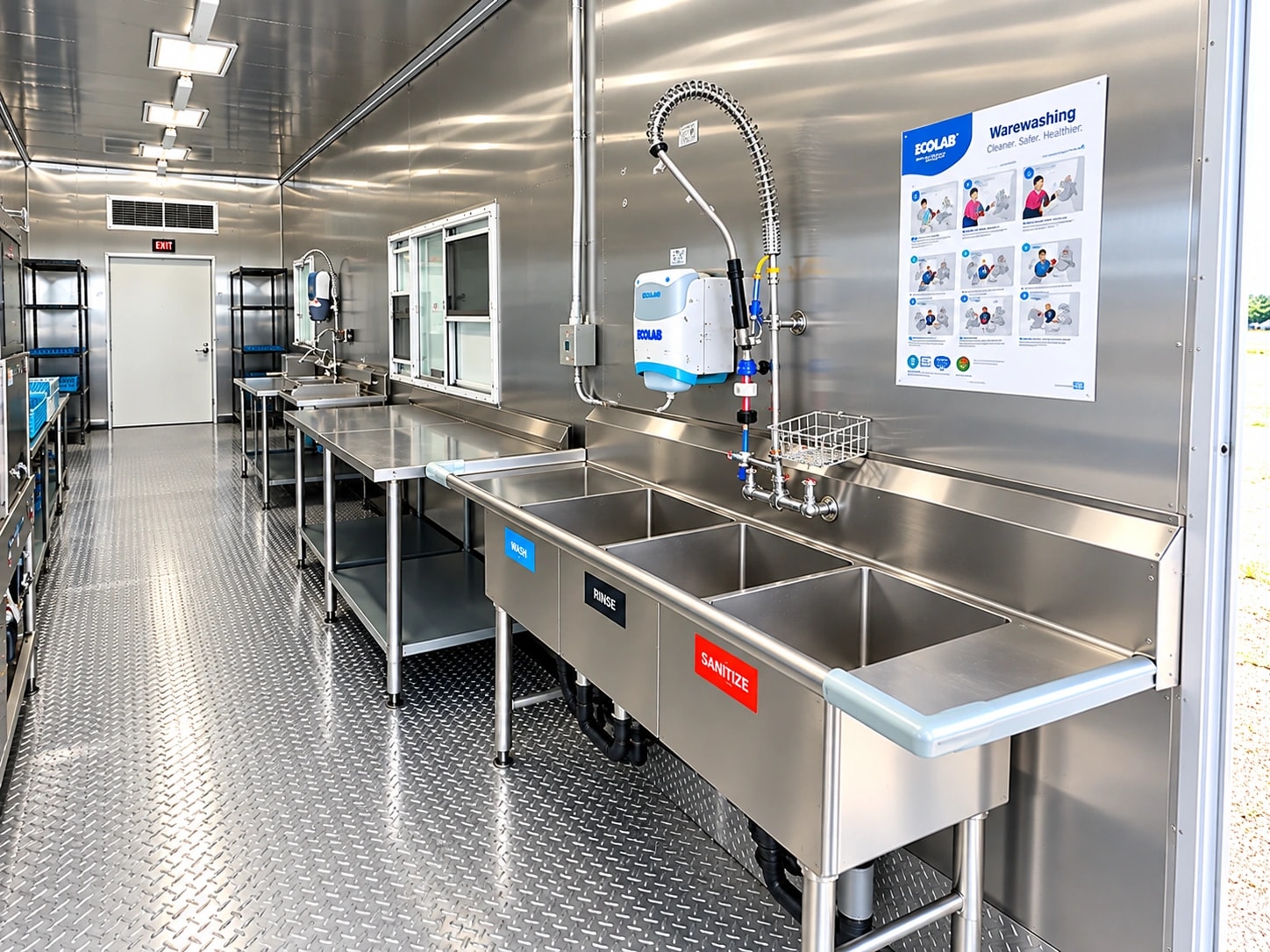 Mobile dishwashing trailer dishwasher work area.