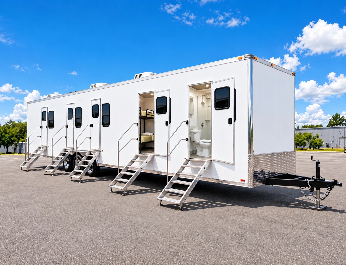 Mobile office sleeper shower restroom trailer.