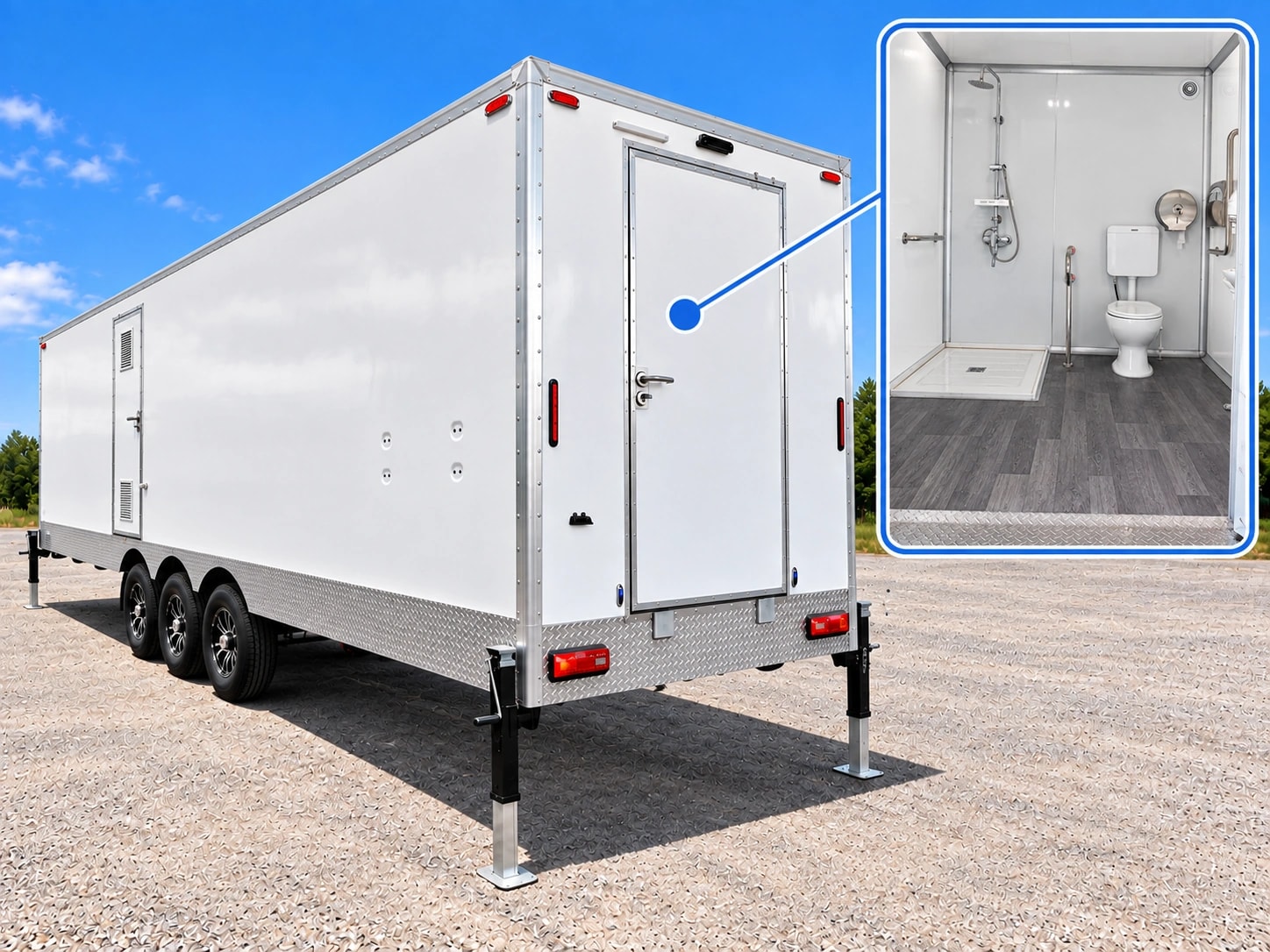 Mobile shower restroom combination trailer side view.