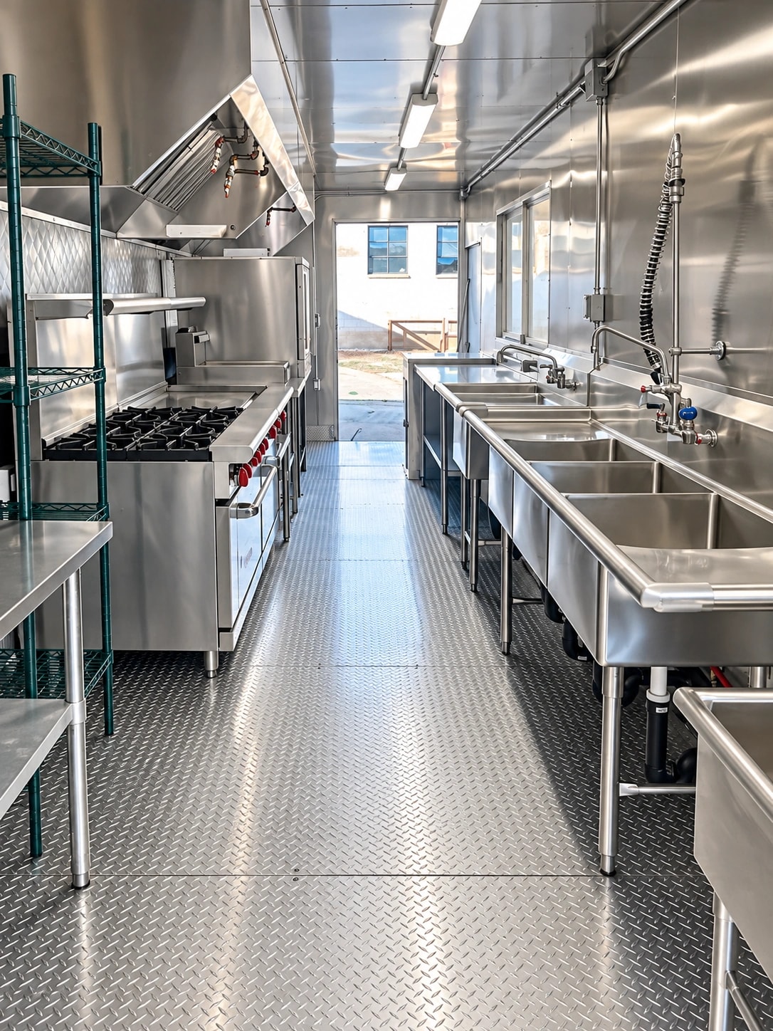 Portable commercial kitchen interior layout.