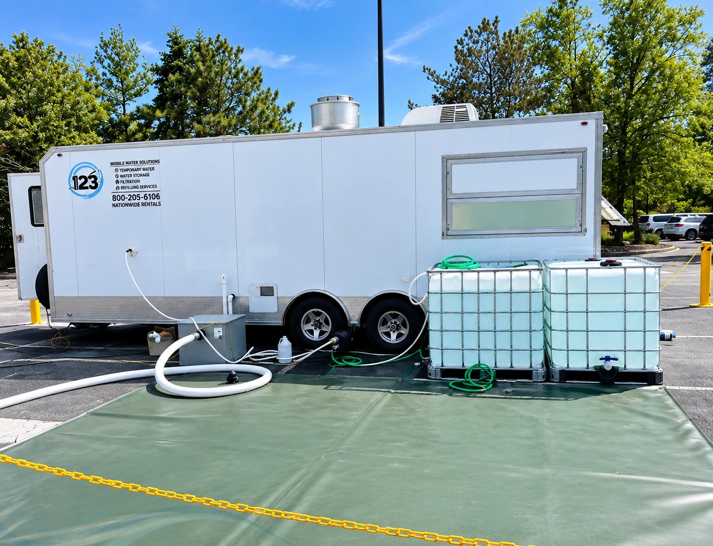 Portable water tanks with pump and hoses.