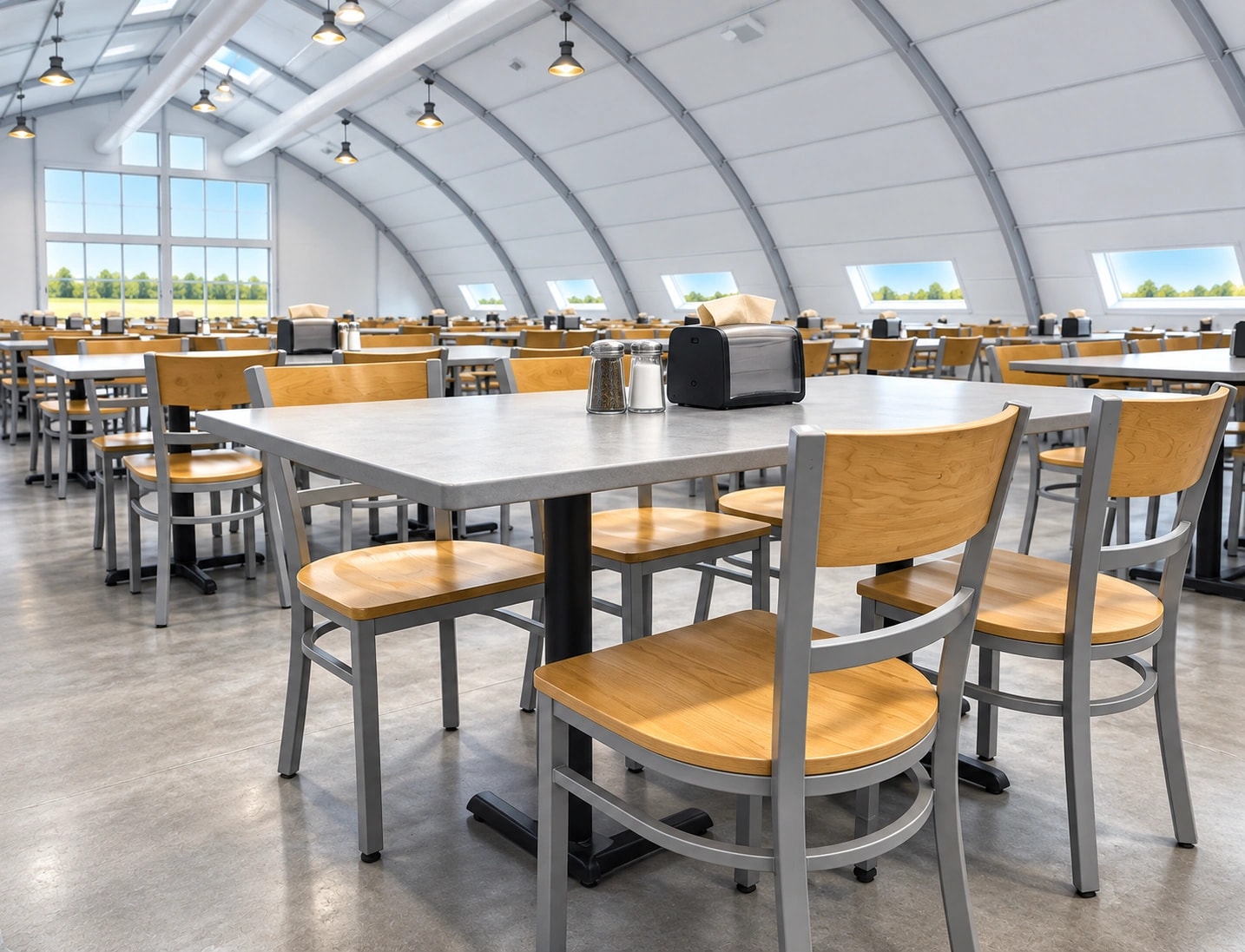 Temporary dining hall with tables and chairs.