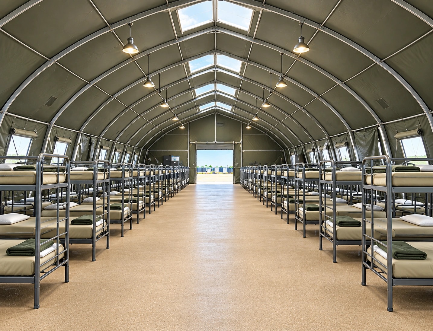 Rows of bunk beds inside a large shared sleeping facility.